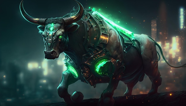 A bull with green eyes and a glowing green light on its chest.