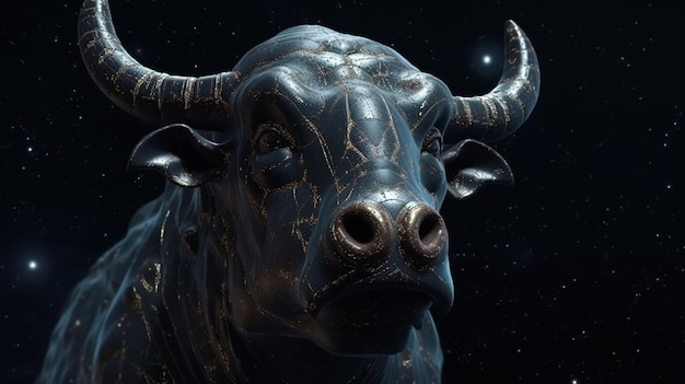 A bull with horns is shown in front of a black backgroundgenerative ai