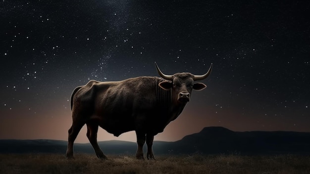 A bull with horns is shown in front of a black backgroundgenerative ai