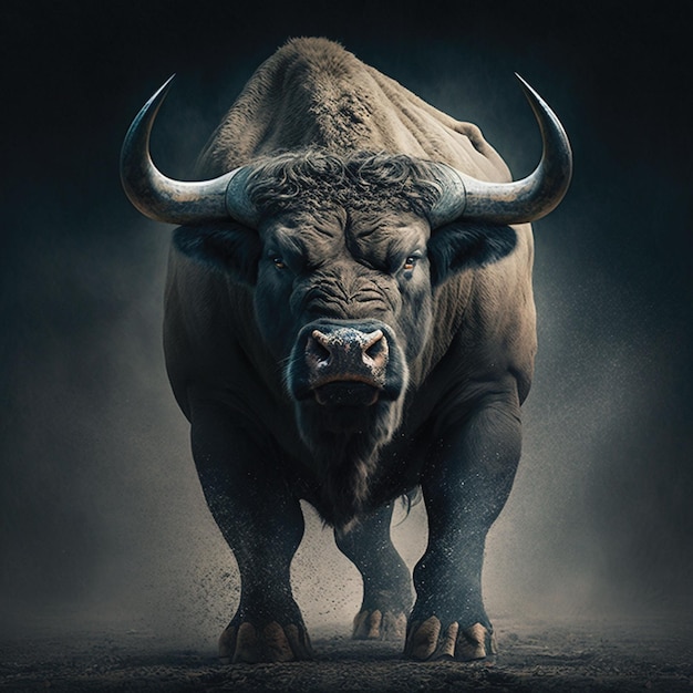 A bull with horns is standing in a dark background.