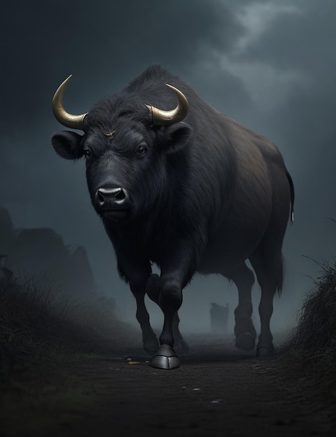 A bull with horns is standing in a dark field.