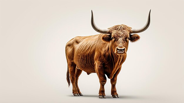 Photo bull with horns stands full length on isolated white background