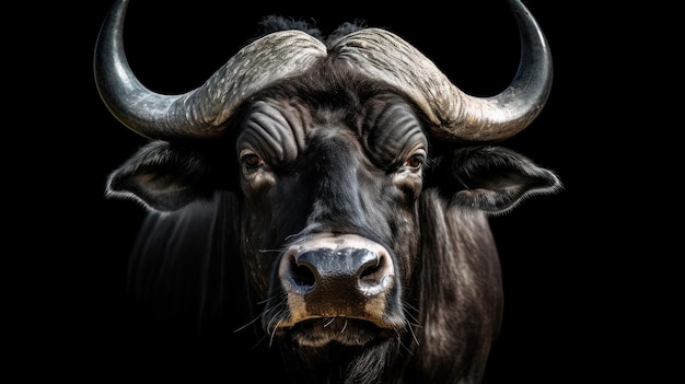 a bull with horns that has a black background.