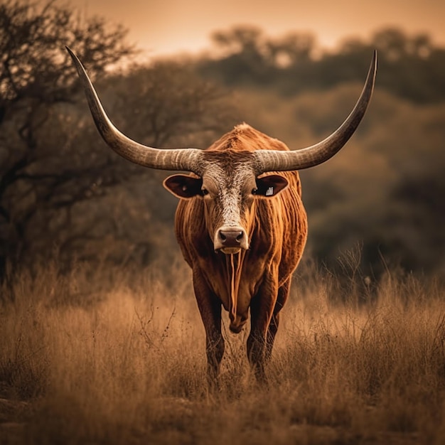 A bull with horns that has a long horn on it