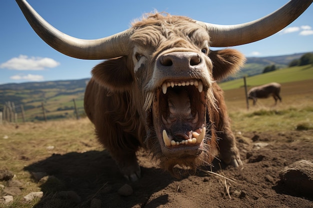 a bull with its mouth open in a field