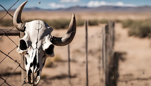 Photo a bull with a skull and a barbed wire fence with a barbed wire fence in the background