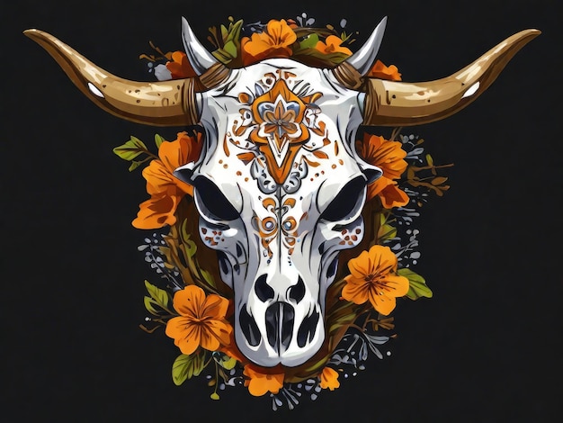 a bull with a skull and flowers on it