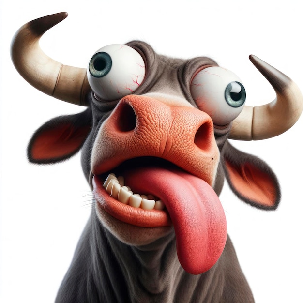 bull with tongue hanging out and big bulging eyes with strange facial expressions ai generative