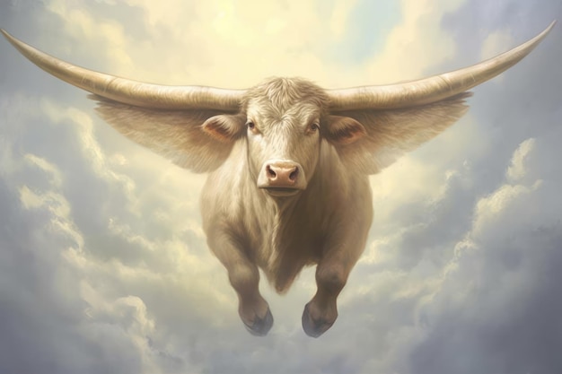 A bull with wings is flying in the sky.