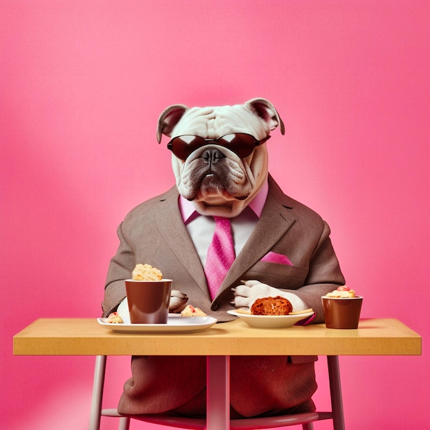 Foto bulldog in abiti da lavoro e occhiali da sole seduto su una sedia su uno sfondo rosa ai generativa