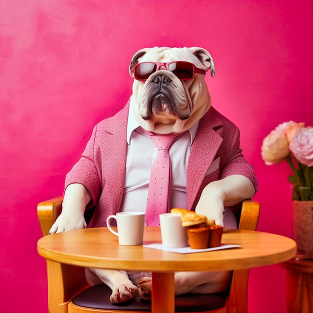 Foto bulldog in abiti da lavoro e occhiali da sole seduto su una sedia su uno sfondo rosa ai generativa