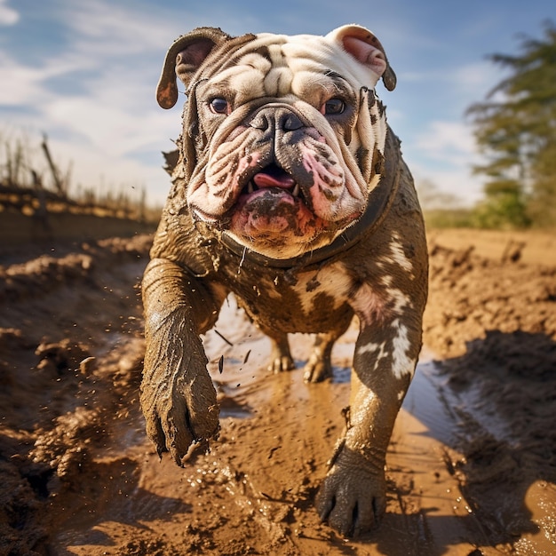 Photo bulldog covered in dirt walking on a path fileld with mud