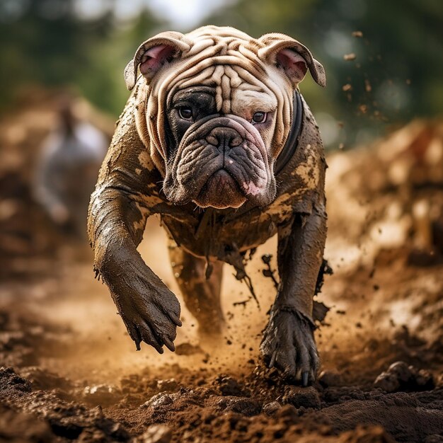 Photo bulldog covered in dirt walking on a path fileld with mud