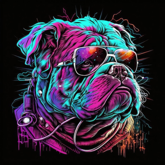 Bulldog Dog 80s Synthwave Подробное векторное искусство футболки с яркими цветами Generative AI