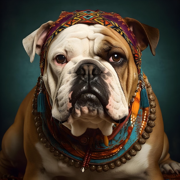 シュールなビーズが付いた自由奔放に生きるボヘミアン中世ヒッピー衣装のブルドッグ犬