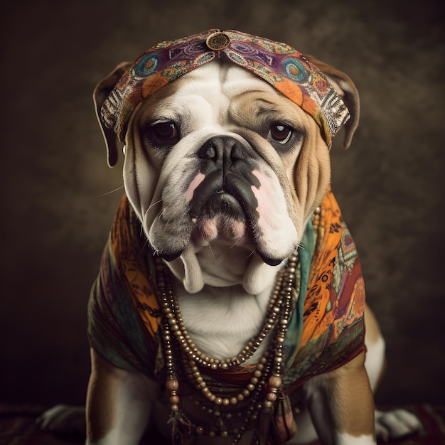 シュールなビーズが付いた自由奔放に生きるボヘミアン中世ヒッピー衣装のブルドッグ犬