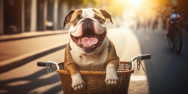Bulldog dog have fun bicycle ride on sunshine day morning in summer on town street