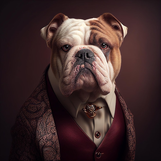 bulldog dog puppy in smart formal suit and shirt dinner wear red office corporate