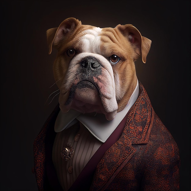 bulldog dog puppy in smart formal suit and shirt dinner wear red office corporate