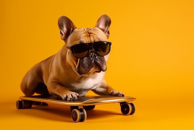 Bulldog dog in sunglasses on a skateboard on a yellow background