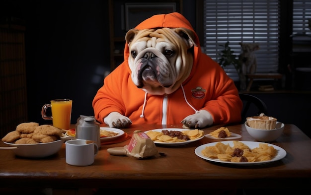 Bulldog Enjoying a Meal in a Tracksuit Generative AI