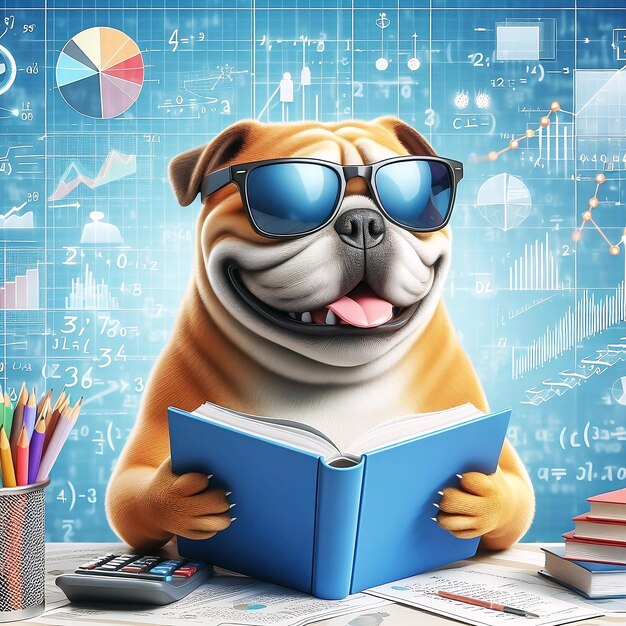 Bulldog-hond glimlacht met een zonnebril, leest een boek en lost wiskundige gegevensanalyse op in een conceptfoto