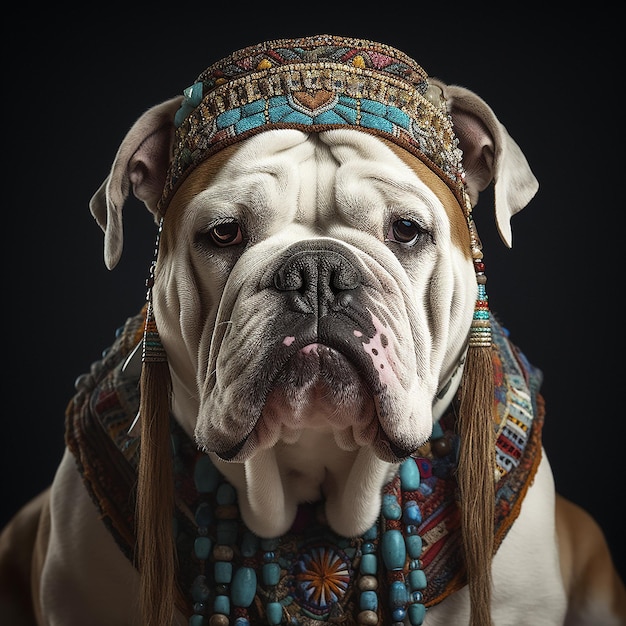 bulldog hond in boho bohemien middeleeuwse hippie-outfit met surrealistische kralen