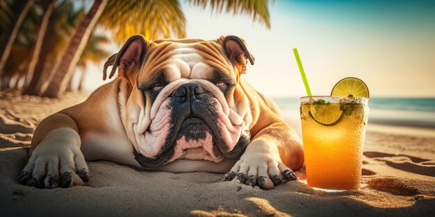 Bulldog-hond is op zomervakantie in badplaats en ontspannende rust op het zomerstrand van Hawaï