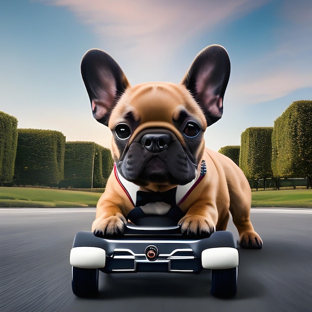 Bulldog in pak mini-auto rijden op een wegpark Generatieve AI