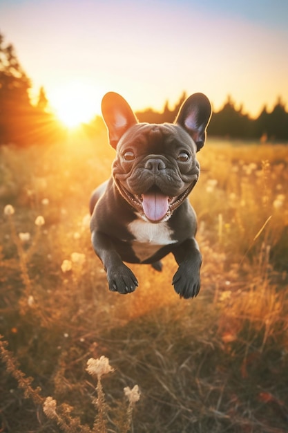 a bulldog jumps in a field of flowers.