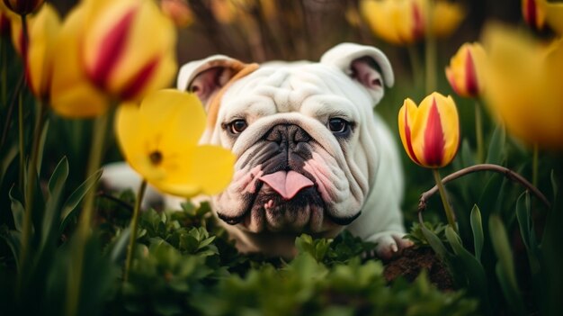 A bulldog laying in a field of tulips