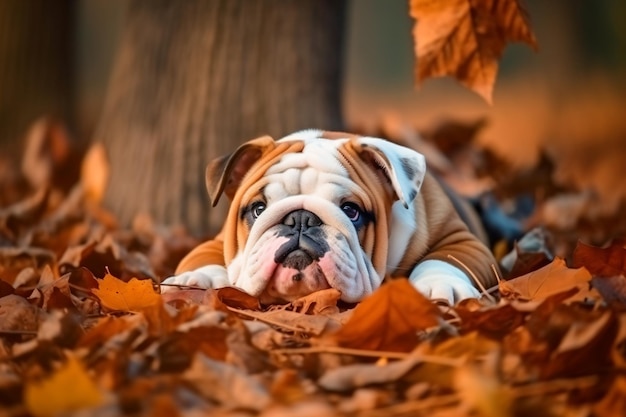 a bulldog laying in the leaves next to a tree