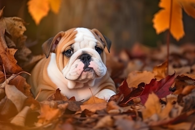 a bulldog laying in the leaves next to a tree