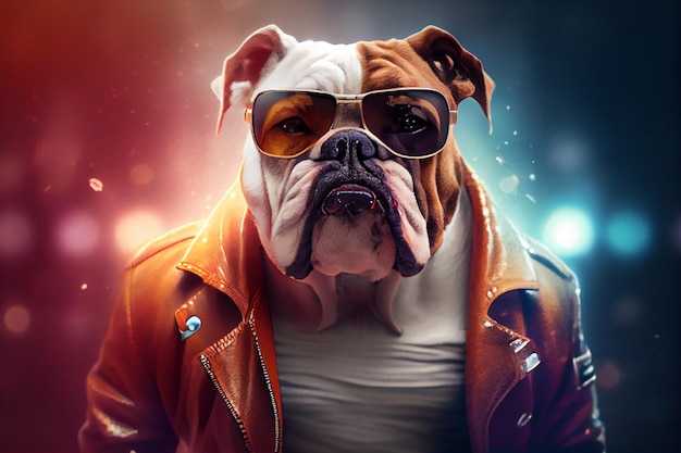 A bulldog in a leather jacket and glasses