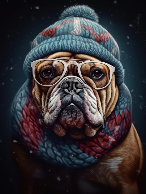 Foto bulldog met bril in winterse kleding en een beanie generative ai