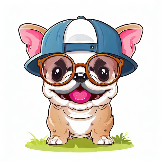 Bulldog Pup Panache Hat and Glasses on Baby Dog Generative AI