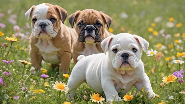 bulldog puppies among flowers in the meadow