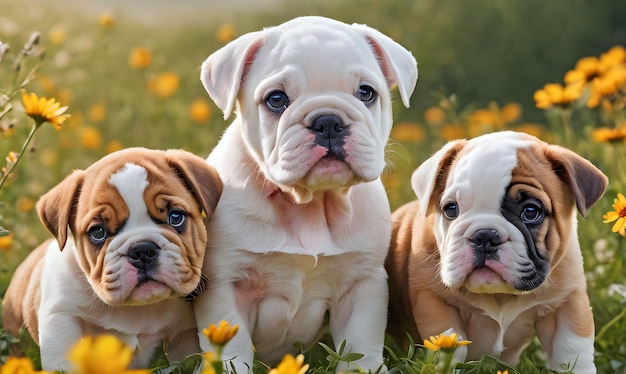 bulldog puppies among flowers in the meadow