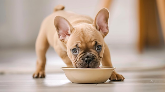 Foto un cucciolo di bulldog che mangia da una ciotola