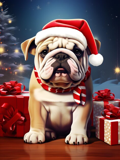 Bulldog in red santa hat with christmas gift boxes on festive bew year background