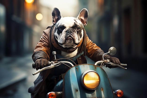 bulldog riding motorbike in the street AI generated image