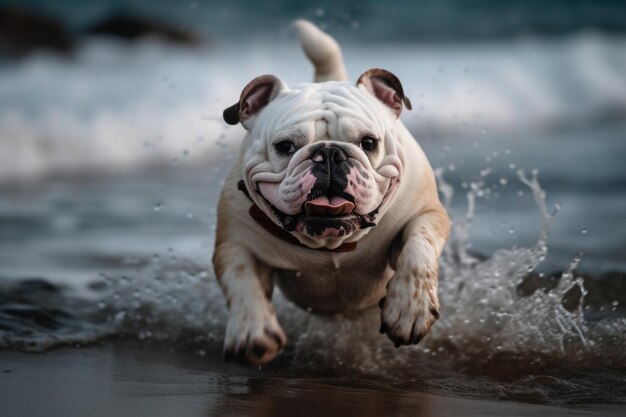 A bulldog runs through the water on a beach Generative AI