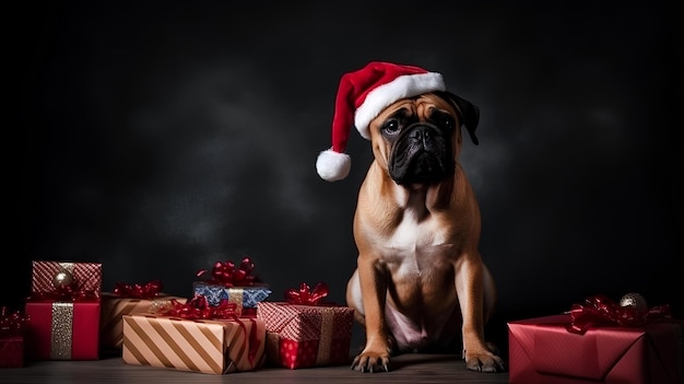 Bulldog in Santa Claus Christmas red hat sitting near the gift boxes on black background