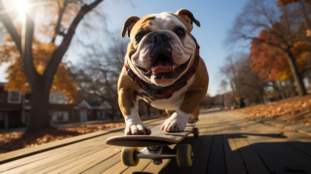 Bulldog-skateboarder manoeuvreert moeiteloos door drukke stadsparkpaden