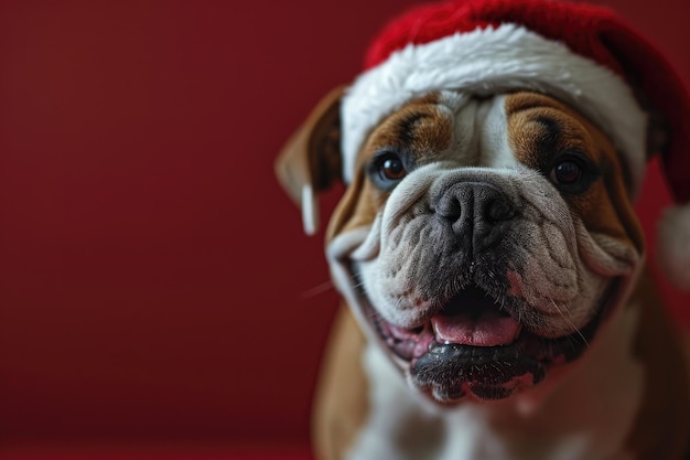 Bulldog smiling wearing a Christmas hat portrait