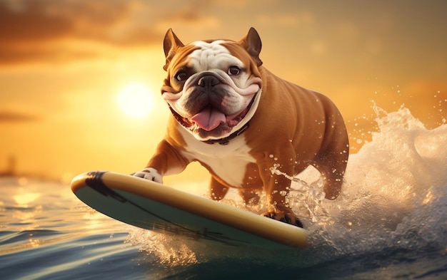 Bulldog Surfer Enjoying A Wave Riding Adventure Generative AI