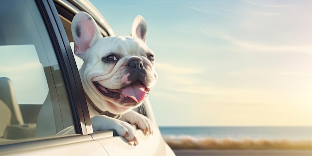 Bulldog traveling on the car to the sea