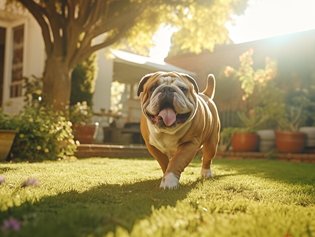 Photo a bulldog walking in the house backyard