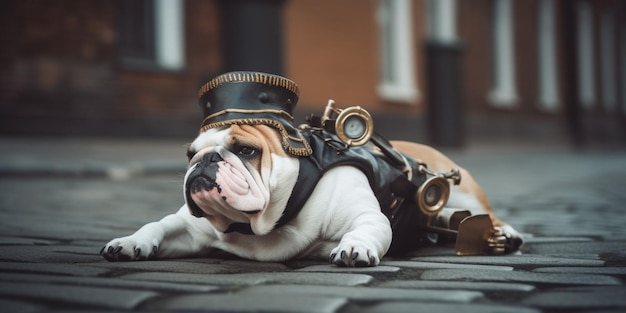 A bulldog wearing a steampunk costume lies on a brick surface.