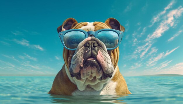 A bulldog wearing sunglasses sits in the water with the sky in the background.